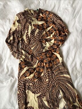 FARM Rio Cream, Brown & Tan Long Sleeve Printed Maxi Dress